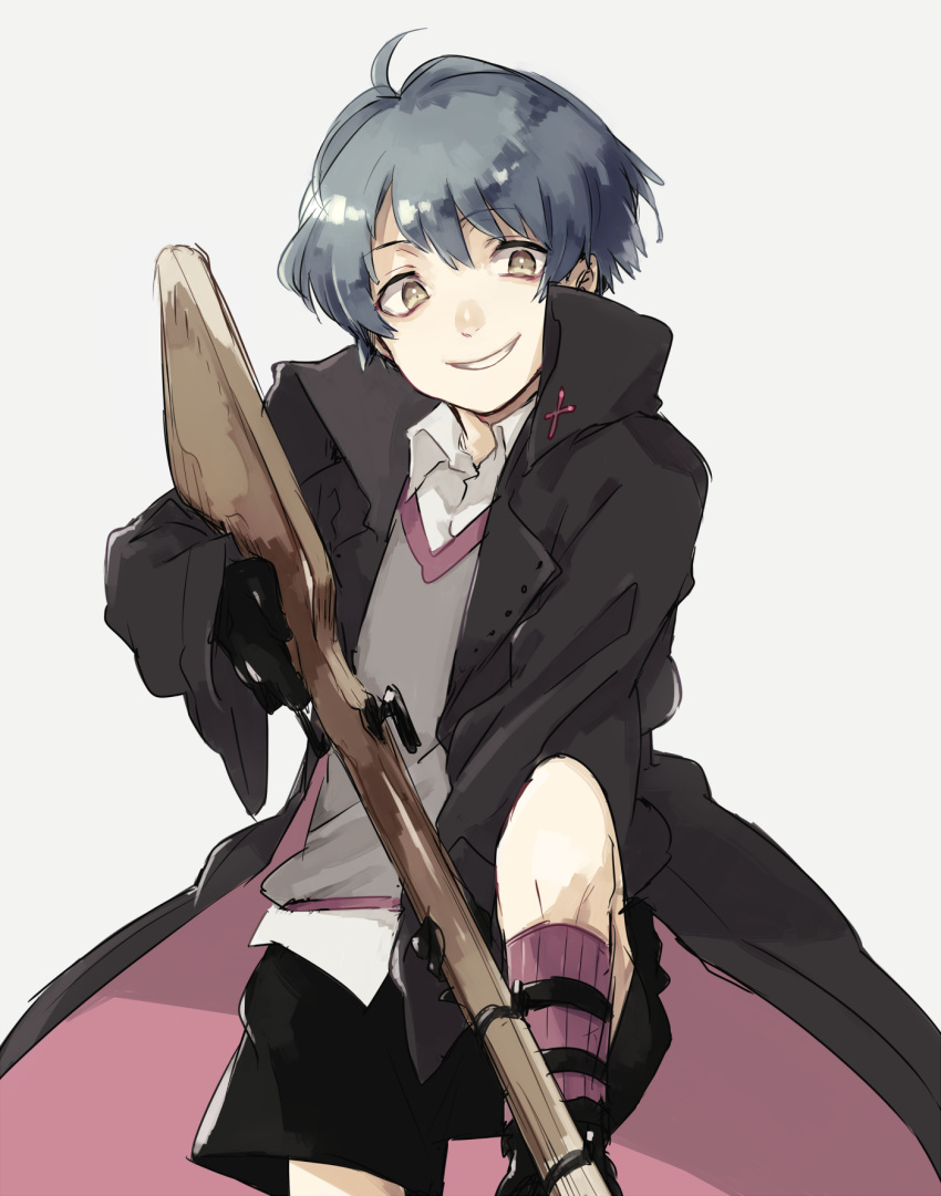 1boy, asuna_(doruru-mon), black_hair, blue_hair, cape, gloves, grey_background, grin, gun, highres, looking_at_viewer, original, rifle, short_hair, shorts, smile, uniform, weapon, yellow_eyes