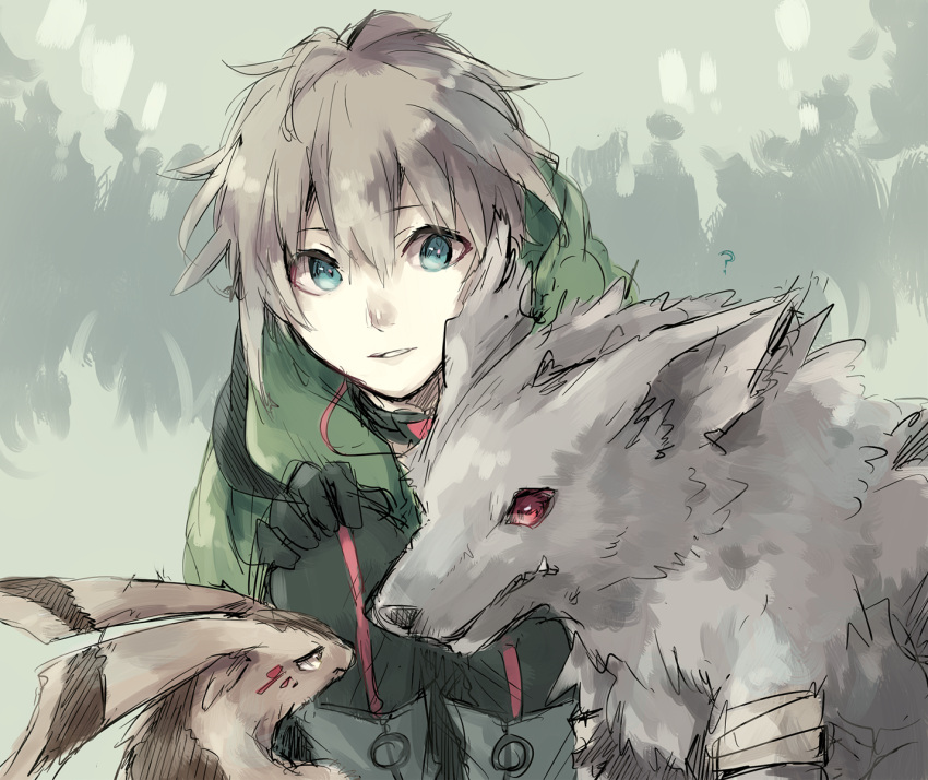 1boy, animal, aqua_eyes, asuna_(doruru-mon), blonde_hair, blue_eyes, choker, dog