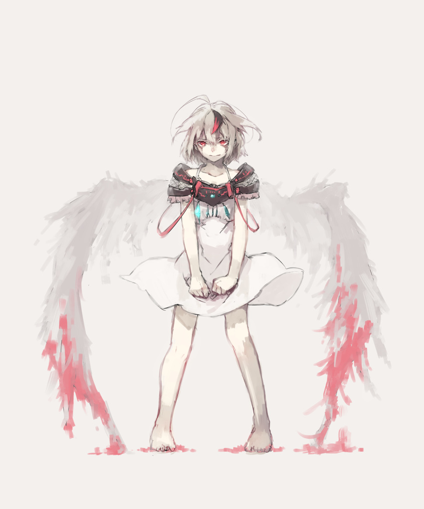 1girl, ahoge, albino, asuna_(doruru-mon), barefoot, blood, bloody_wings, crying