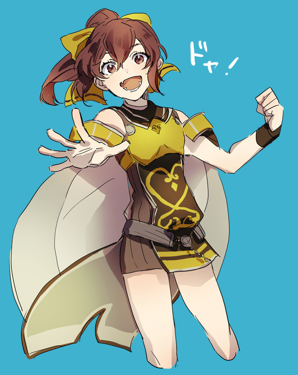 !, 1girl, bare_shoulders, blue_background, bow, brown_eyes, brown_hair, cape