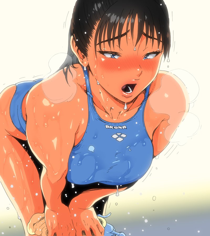 1girl, artist_request, black_hair, blue_eyes, blush, collarbone, competition_swimsuit, one-piece_swimsuit