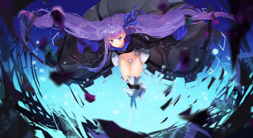 1girl, armor, armored_boots, artist_name, black_coat, blue_background, blue_eyes, blurry