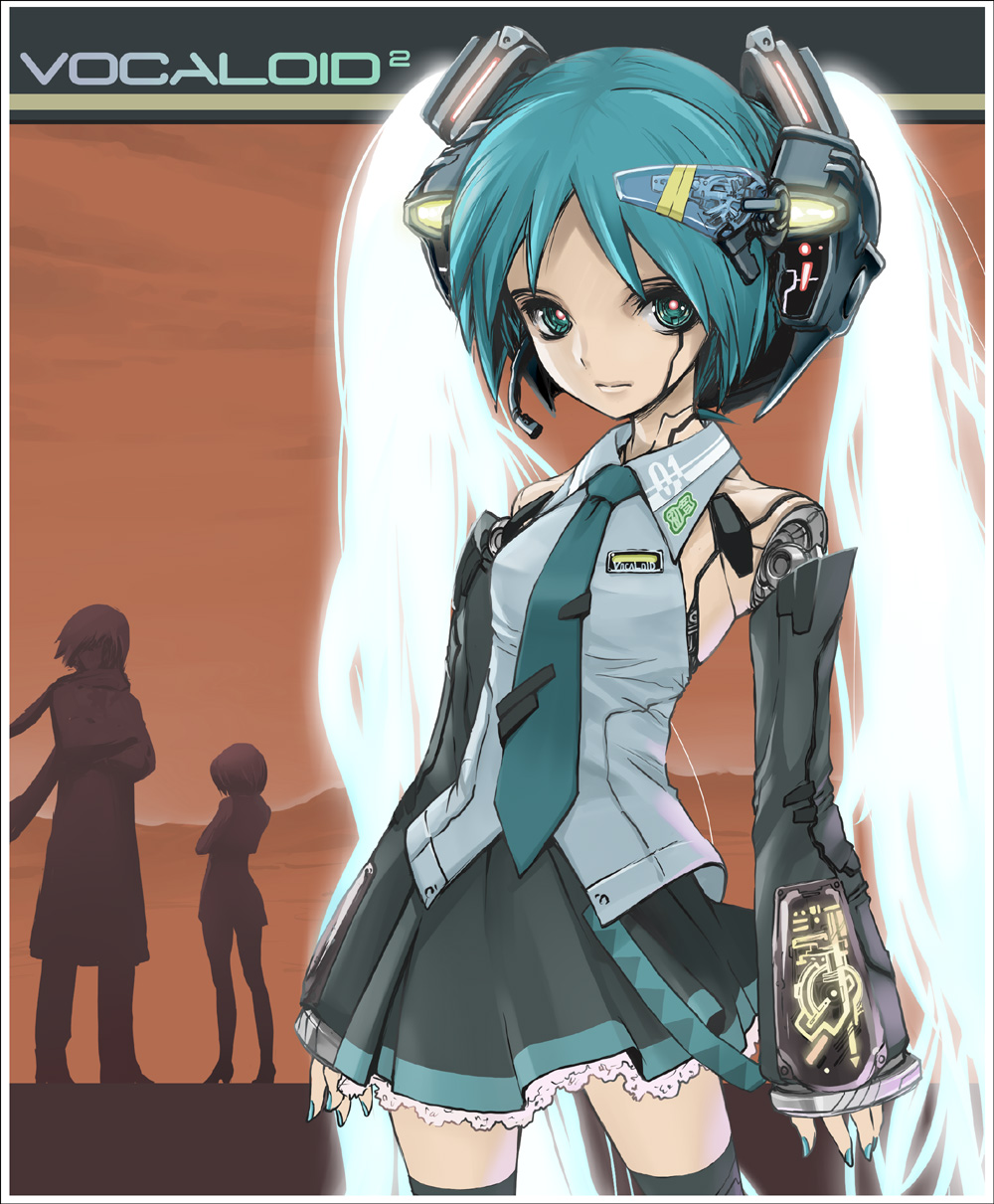 detached_sleeves, green_eyes, hatsune_miku, headset, highres, kaito, le0, long_hair, meiko, necktie, skirt, thigh-highs, thighhighs, twintails, very_long_hair, vocaloid