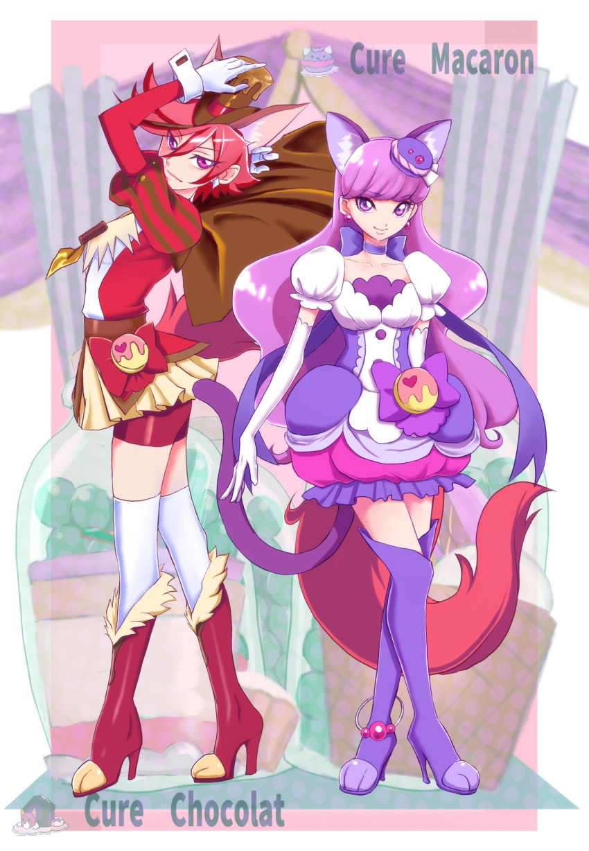 2girls, amawa_kazuhiro, animal_ears, bike_shorts, boots, cat_ears, cat_tail, cure_chocolat
