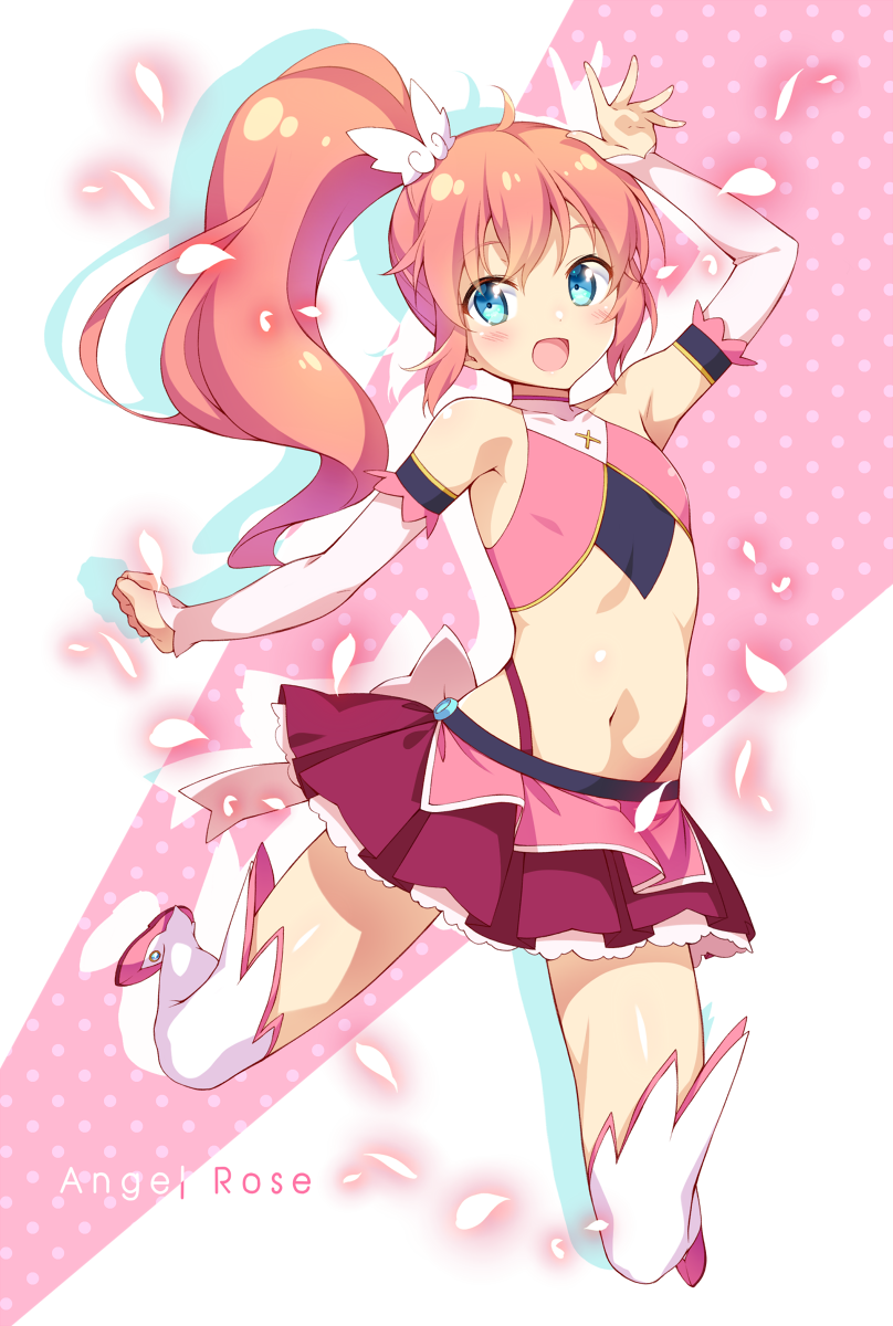 1girl, :d, amatsuki_meguru, angel_rose, arm_up, bare_shoulders, blue_eyes, boots
