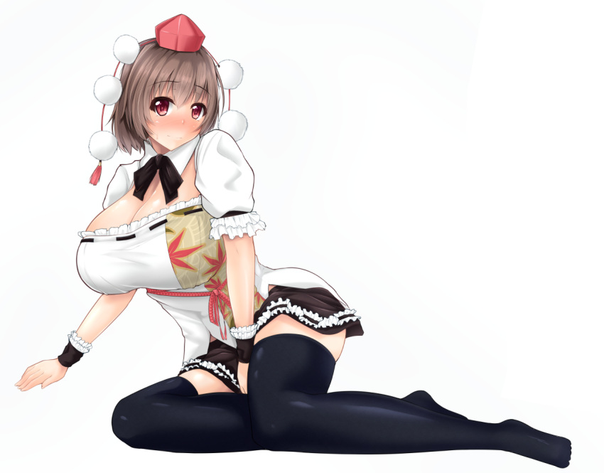 1girl, alternative_facts_in_eastern_utopia, black_legwear, blush, breasts, brown_hair, cleavage, full_body, hat, hydrant_(kasozama), large_breasts, legs, light_smile, long_legs, red_eyes, shameimaru_aya, short_hair, simple_background, skirt, solo, sweatdrop, thigh-highs, thighs, tokin_hat, touhou, white_background