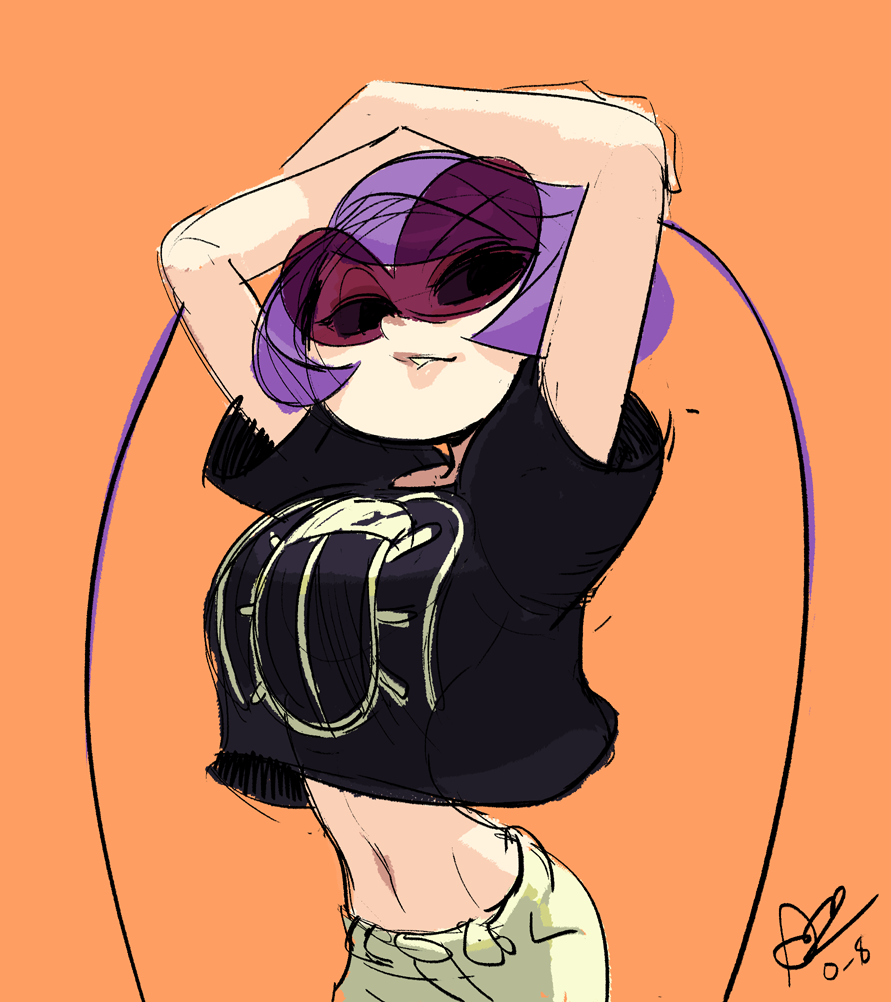 1girl, alex_ahad, antennae, arms_up, black_torch, breasts, casual, crop_top