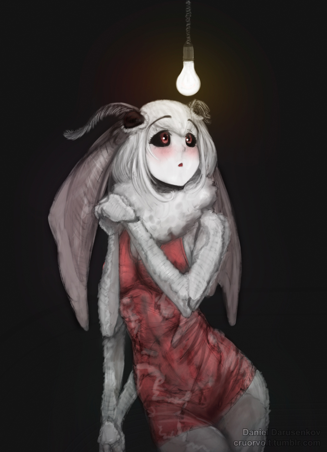 1girl, antennae, arms_behind_back, artist_name, black_sclera, blush, borrowed_character, cowboy_shot, cruorvolt, dress, eyebrows_visible_through_hair, fur, hands_together, highres, insect_girl, light_bulb, mashiro_(solopipb), monster_girl, moth_girl, moth_wings, multiple_arms, open_mouth, original, red_dress, red_eyes, short_hair, solo, tumblr_username, watermark, web_address, white_hair, white_skin, wings