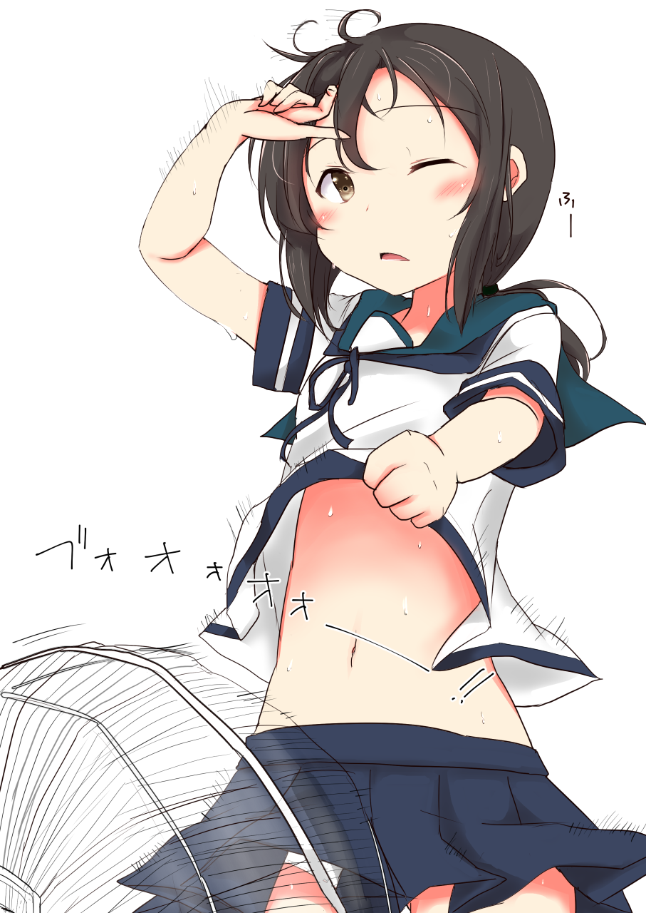 1girl, blue_sailor_collar, blue_skirt, brown_eyes, brown_hair, electric_fan, fubuki_(kantai_collection), highres, kantai_collection, one_eye_closed, open_mouth, pleated_skirt, sailor_collar, school_uniform, serafuku, short_hair, short_ponytail, short_sleeves, simple_background, skirt, solo, sweat, white_background, yuu_(alsiel)