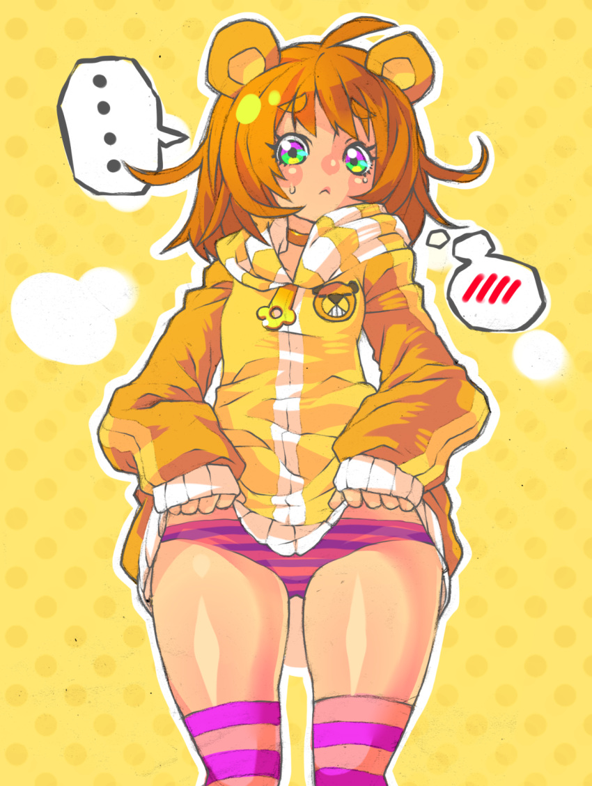 ..., 1girl, :<, ahoge, animal_ears, bear_ears, blonde_hair, embarrassed
