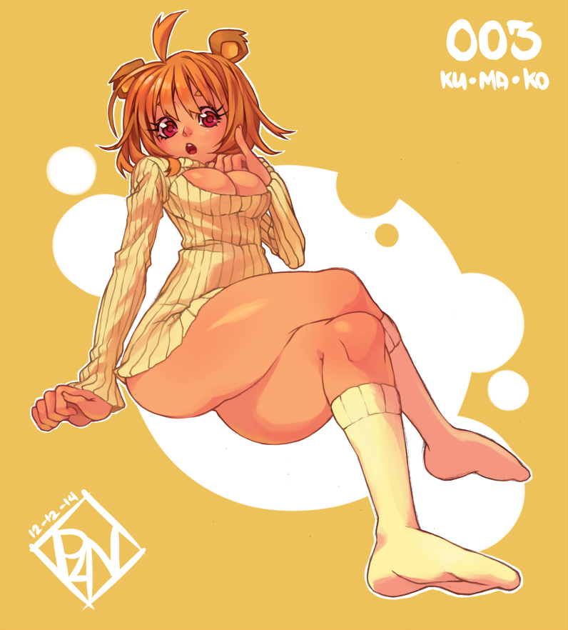 1girl, animal_ears, bear_ears, blonde_hair, breasts, cleavage, kumako, meme_attire