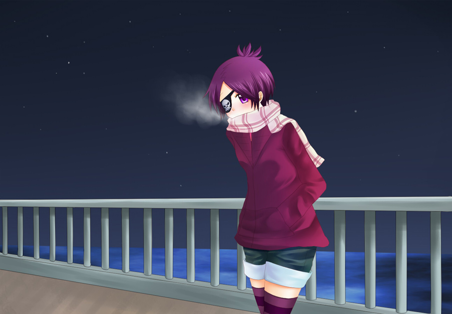 eyepatch, katekyo_hitman_reborn, katekyo_hitman_reborn!, kayaku, night, ocean, purple_eyes, purple_hair