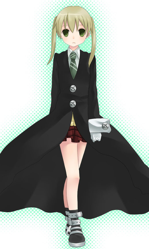 gloves, green_eyes, kayaku, long_hair, maka_albarn, necktie, plaid, plaid_skirt