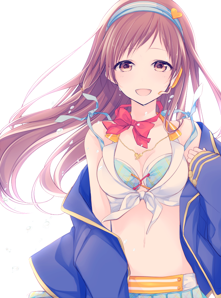 1girl, bare_shoulders, breasts, brown_eyes, brown_hair, cleavage, headset, idolmaster
