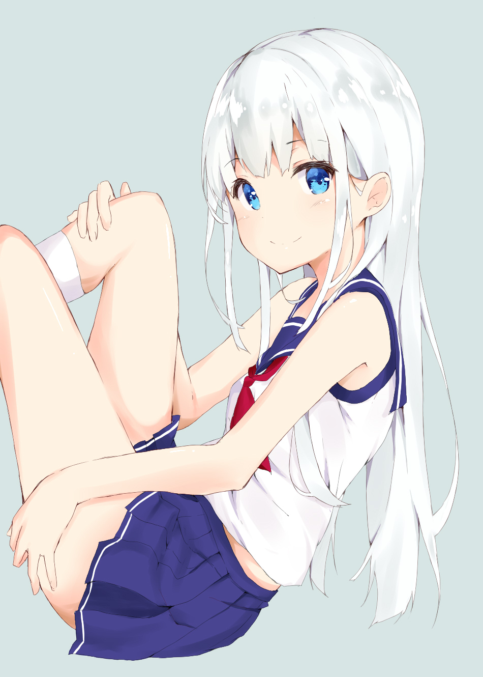 1girl, bangs, black_(kbym), blouse, blue_eyes, blue_skirt, blush, closed_mouth