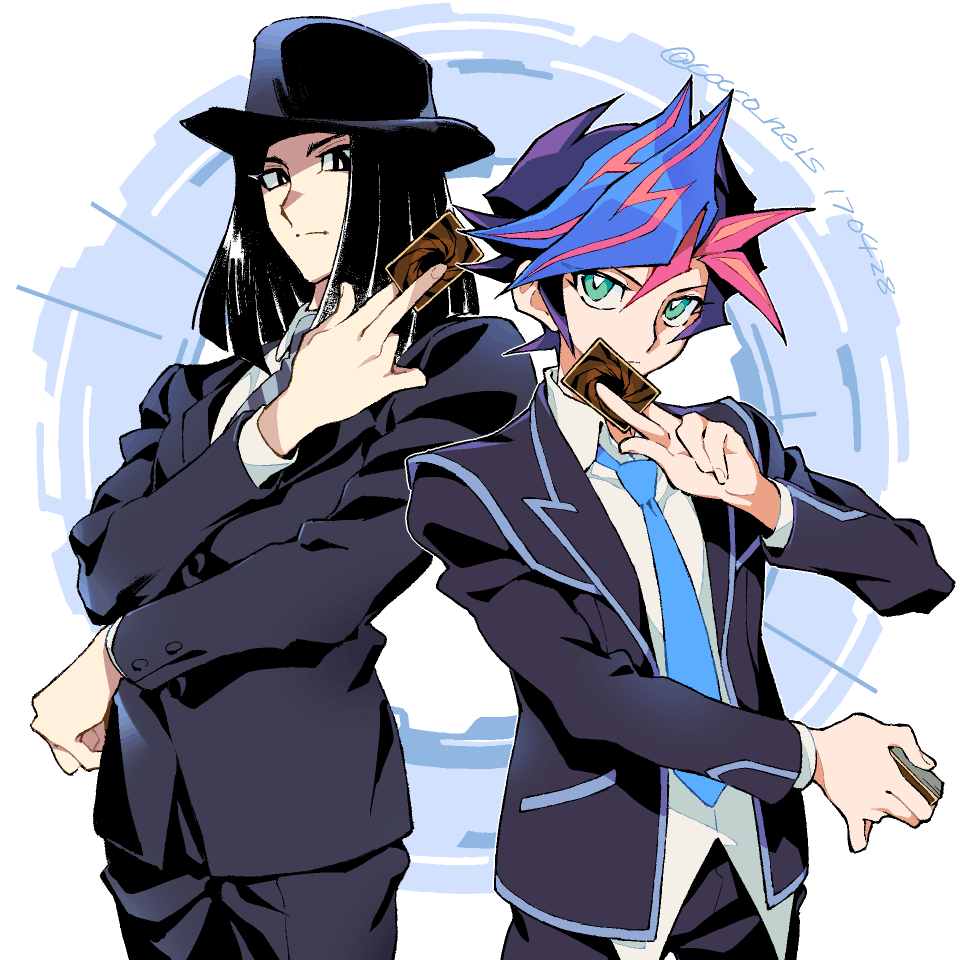 2boys, black_eyes, black_hair, blazer, blue_hair, blue_necktie, bright_pupils, card