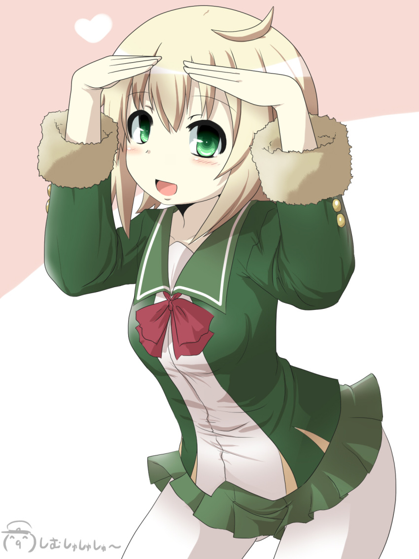 1girl, blonde_hair, closed_eyes, commentary_request, emoticon, fur_trim, gomasamune, green_eyes, hands_on_own_head, heart, highres, jacket, kantai_collection, looking_at_viewer, open_mouth, pantyhose, peaked, pleated_skirt, school_uniform, shimushu_(kantai_collection), short_hair, sidelocks, skirt, smile, solo, translated, white_background