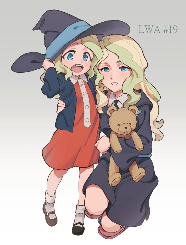 2girls, age_comparison, blue_eyes, blush, boots, collared_shirt, diana_cavendish, dress