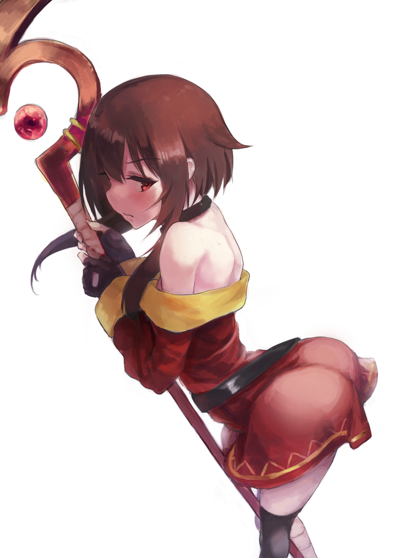 1girl, arched_back, ass, bandage, bare_back, bare_shoulders, brown_hair, choker