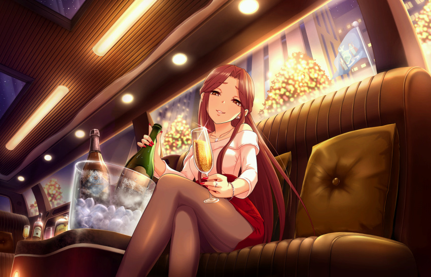 1girl, alcohol, artist_request, auburn_hair, back-seamed_legwear, bangs, black_legwear, blurry