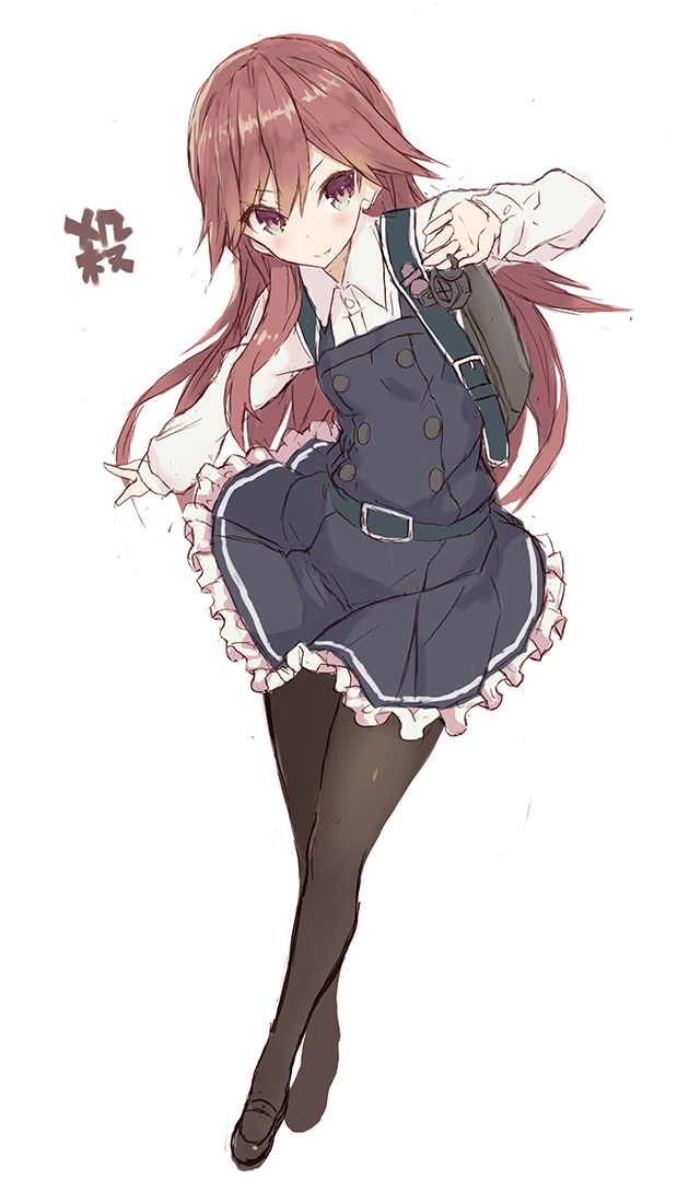 >:), 1girl, arashio_(kantai_collection), belt, black_dress, black_legwear, black_shoes, brown_eyes, buttons, daihatsu_(landing_craft), dress, goekawa, hair_between_eyes, kantai_collection, long_hair, long_sleeves, pantyhose, pinafore_dress, remodel_(kantai_collection), shirt, shoes, simple_background, smile, solo, white_background, white_shirt