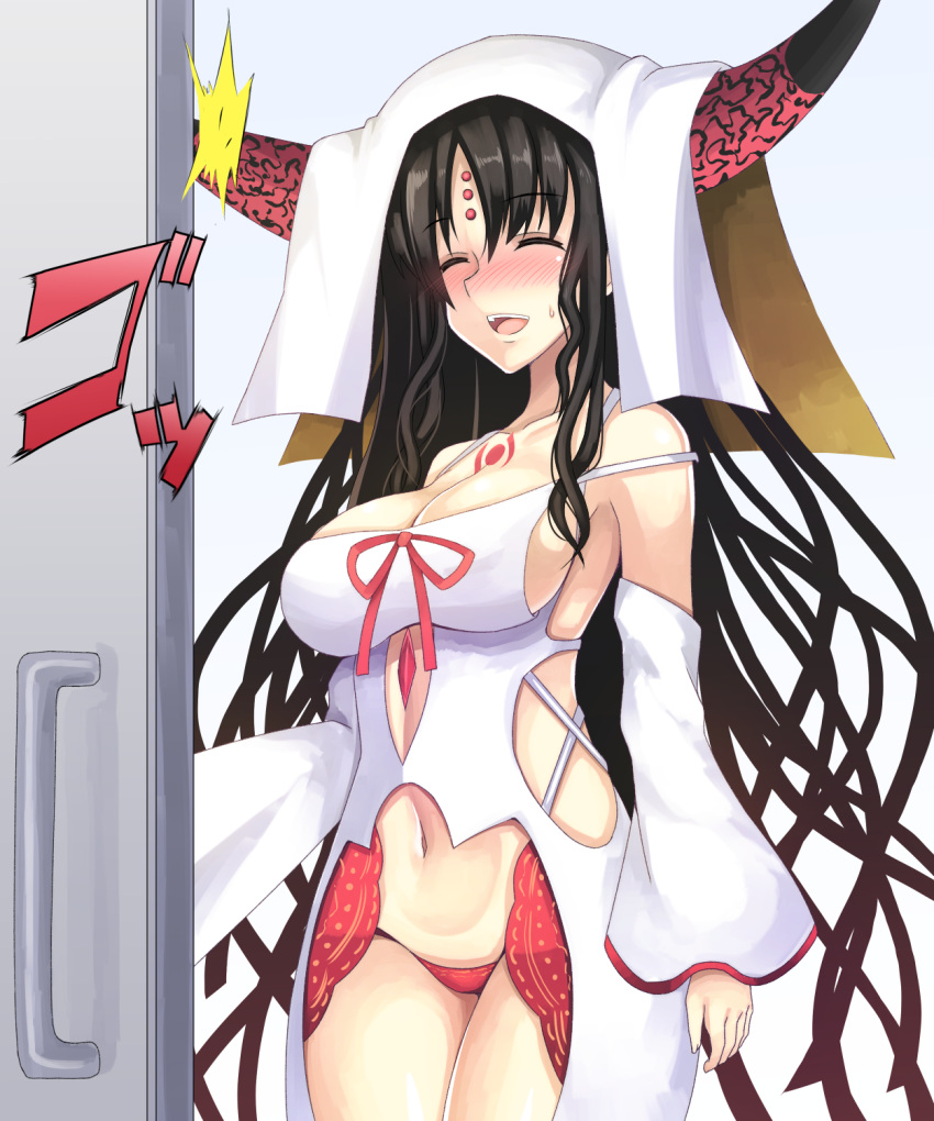 1girl, :d, ^_^, armpits, bare_shoulders, black_hair, blush, breasts