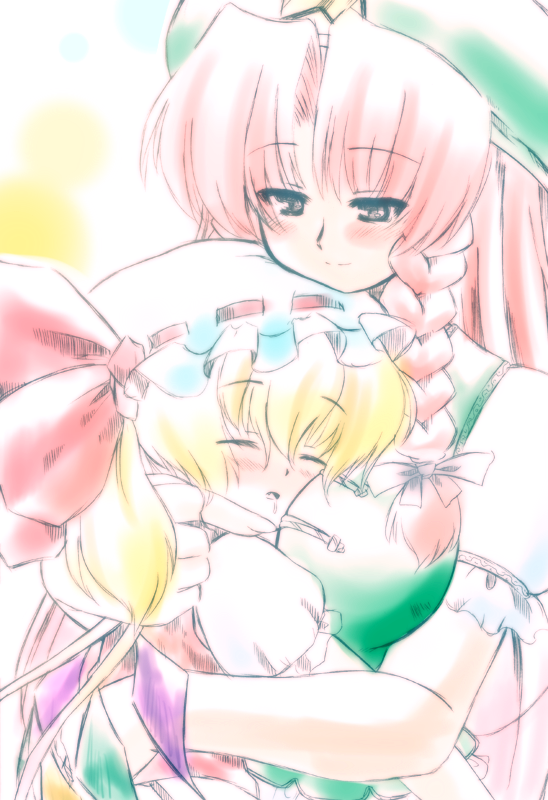 flandre_scarlet, hong_meiling, hug, marusuke, multiple_girls, saliva, touhou, yuri
