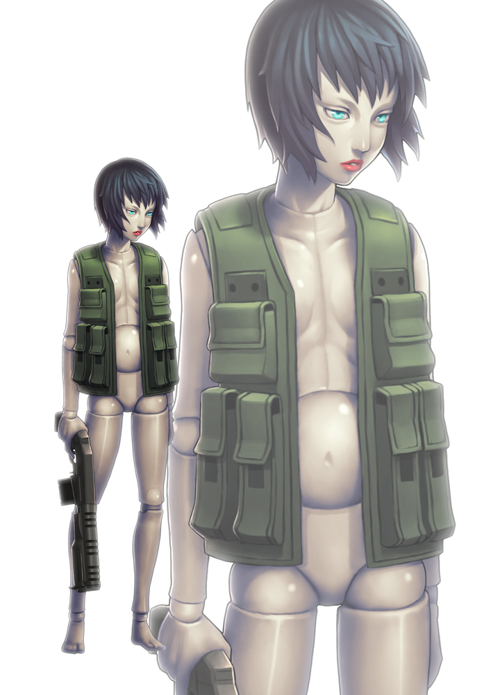 1girl, android, black_hair, blue_eyes, cyberpunk, cyborg, doll_joints, ghost_in_the_shell, ghost_in_the_shell:_innocence, glowing, glowing_eyes, gun, ikegami_noroshi, kusanagi_motoko, lips, realistic, shotgun, solo, spoilers, vest, weapon