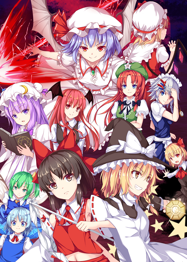 >:), 6+girls, apron, armpits, ascot, bangs, bat_wings, beret