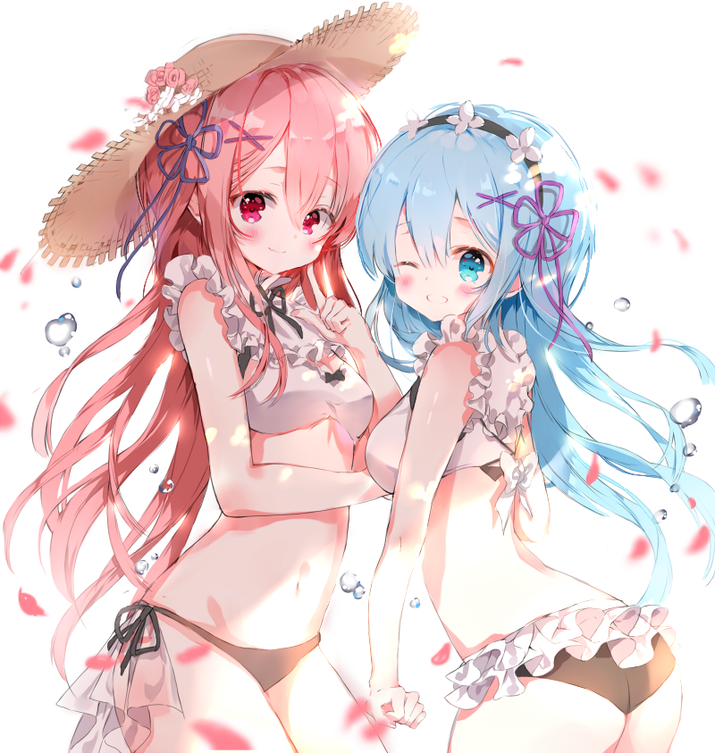 2girls, adapted_costume, alternate_hair_length, alternate_hairstyle, arched_back, ass, bikini, black_bikini_bottom