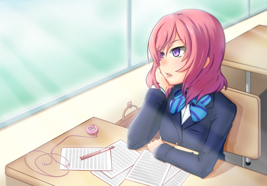 1girl, blazer, blue_bow, blue_bowtie, blush, bow, bowtie, chin_rest