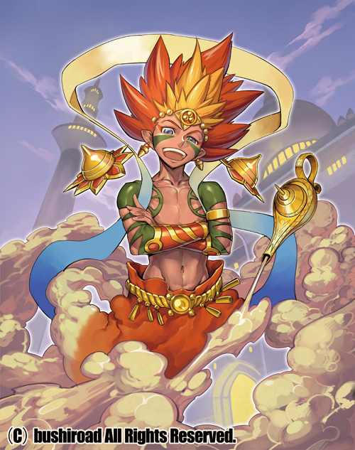 1boy, cardfight!!_vanguard, company_name, dark_skin, dark_skinned_male, earrings, facial_tattoo, genie