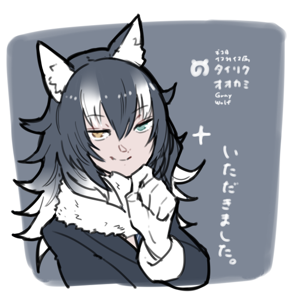 1girl, animal_ears, black_hair, blue_eyes, fur_collar, gloves, grey_wolf_(kemono_friends), heterochromia