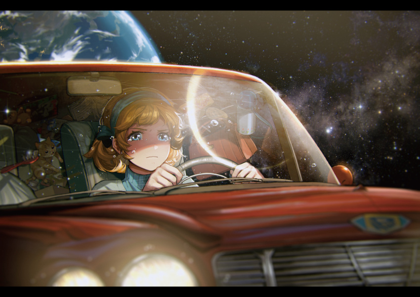 1girl, bag, blonde_hair, blue_eyes, book, car, cat, commentary