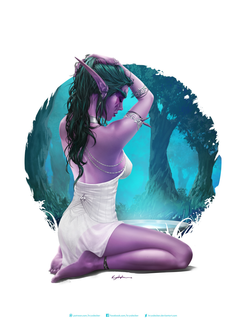 1girl, absurdres, artist_name, back, collar, dress, feet, forest
