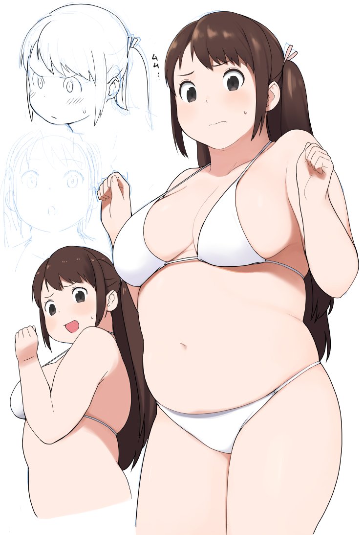 1girl, :d, accho_(macchonburike), belly, blush, breasts, brown_hair, fat