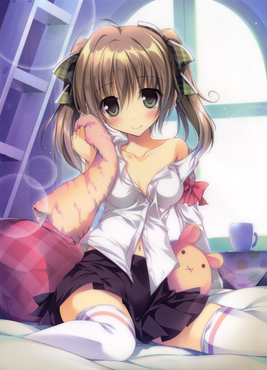 1girl, :d, :x, absurdres, ahoge, argyle, argyle_pillow, arm_at_side