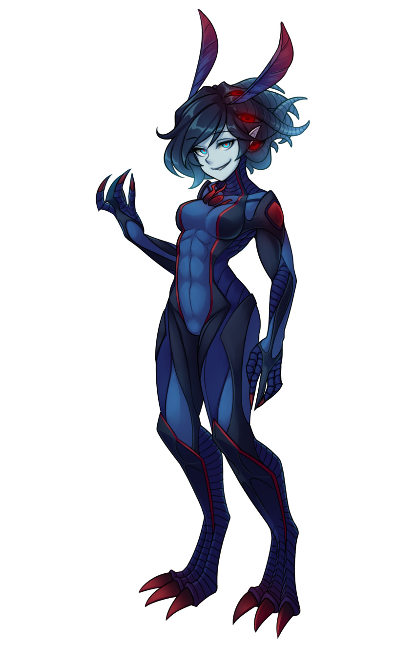 1girl, abs, absurdres, antennae, black_hair, blue_eyes, blue_fire, breasts