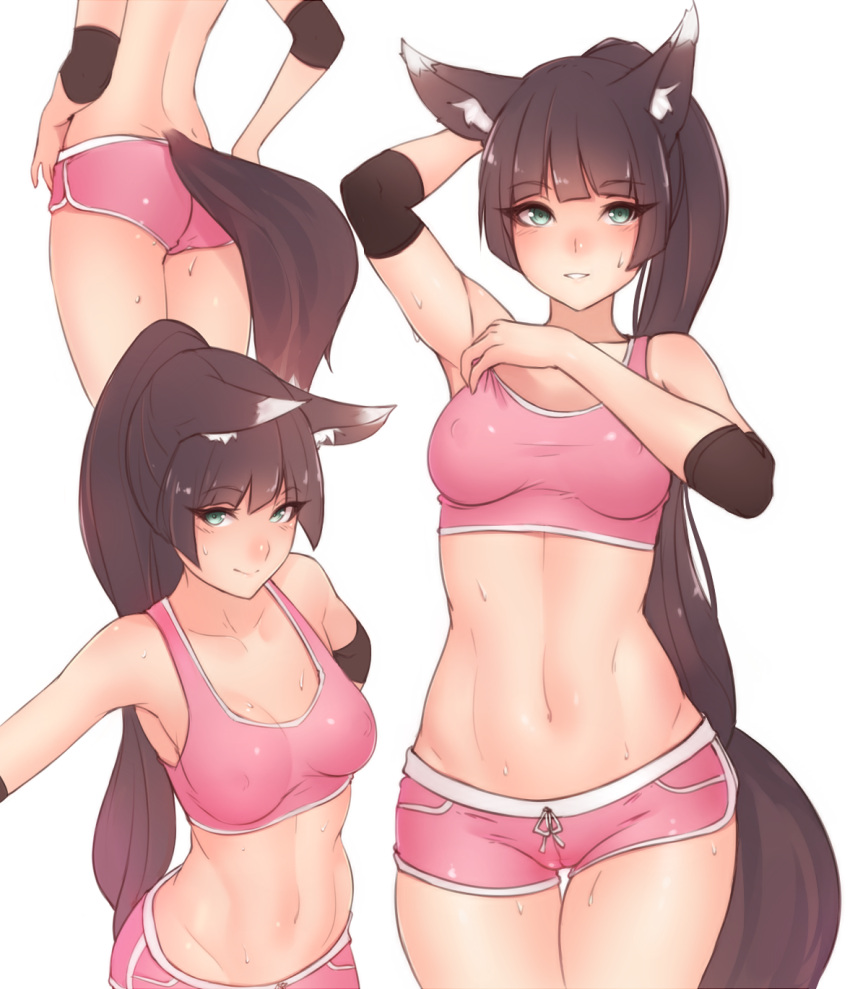 1girl, :d, adjusting_clothes, animal_ears, arm_behind_back, arm_behind_head, armpits, ass, back, bangs, bare_shoulders, blunt_bangs, blush, breasts, brown_hair, closed_mouth, collarbone, cowboy_shot, crop_top, dimples_of_venus, elbow_pads, erect_nipples, eyebrows_visible_through_hair, eyelashes, fox_ears, fox_tail, from_above, green_eyes, highres, kubo_(artist), long_hair, looking_at_viewer, looking_up, medium_breasts, multiple_views, navel, nose_blush, open_mouth, original, outstretched_arm, pink_shorts, short_shorts, shorts, simple_background, sleeveless, smile, sports_bra, sportswear, standing, stomach, sweat, tail, thigh_gap, thighs, tsurime, very_long_hair, white_background
