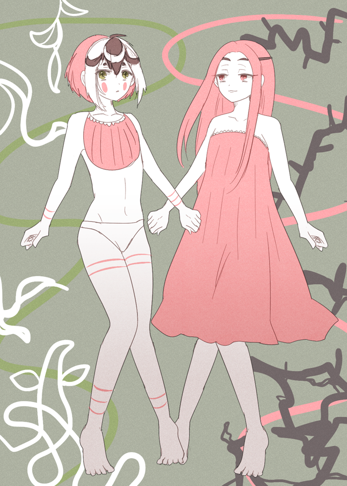 2girls, beatmania, beatmania_iidx, dress, flat_chest, green_eyes, l'erisia, malchut, multicolored_hair, multiple_girls, pink, pink_hair, red_eyes, tattoo, white_skin, zektbach