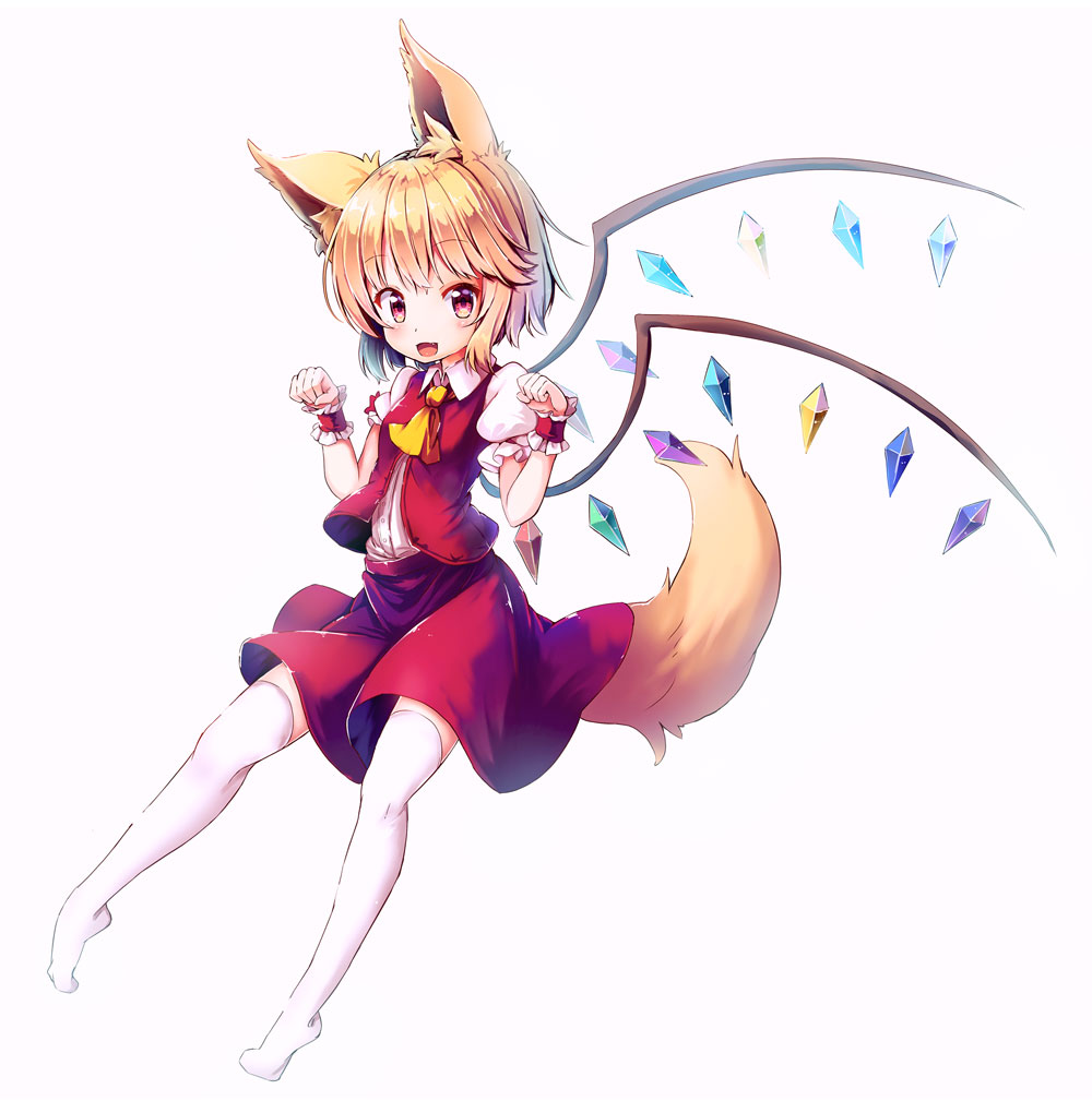 1girl, :d, animal_ears, ascot, blonde_hair, blush, flandre_scarlet, kemonomimi_mode