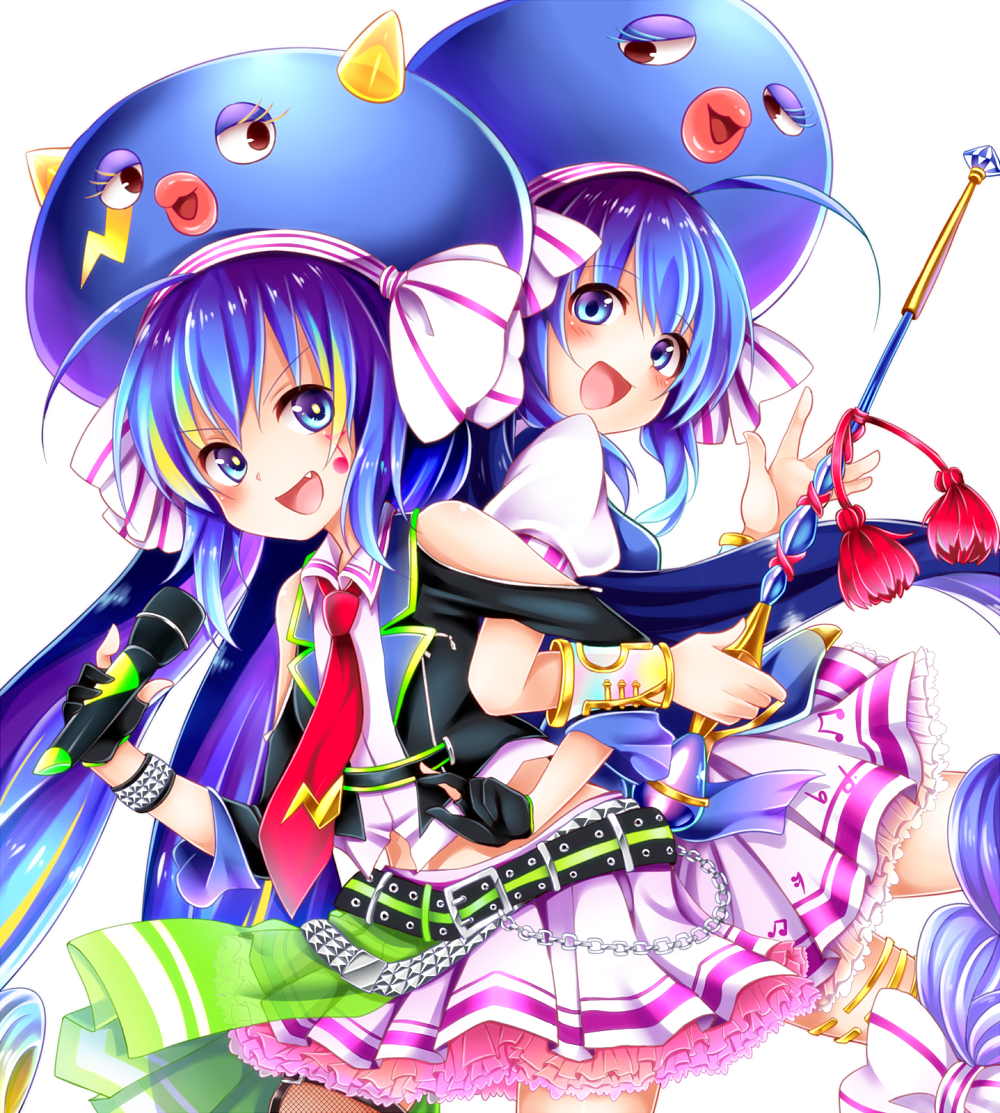 >:d, 2girls, :d, ahoge, animal_hat, aqua_hair, beamed_quavers, belt