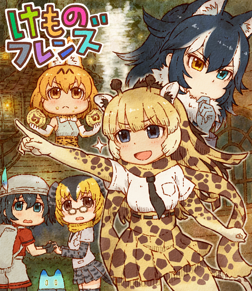 >:(, >:d, 5girls, :d, animal_ears, backpack, bag, black_hair