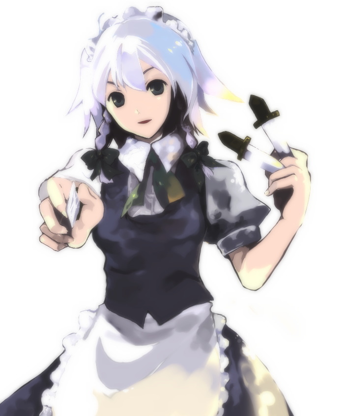 between_fingers, braid, foreshortening, hands, izayoi_sakuya, knife, maid, ren_(pixiv)