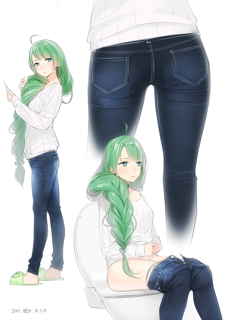 1girl, ahoge, ama_mitsuki, ass, bangs, braid, casual, cellphone