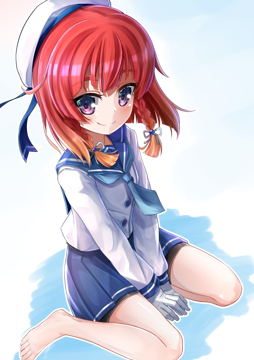 1girl, barefoot, bike_shorts, blue_neckerchief, blue_sailor_collar, blue_skirt, braid, etorofu_(kantai_collection)