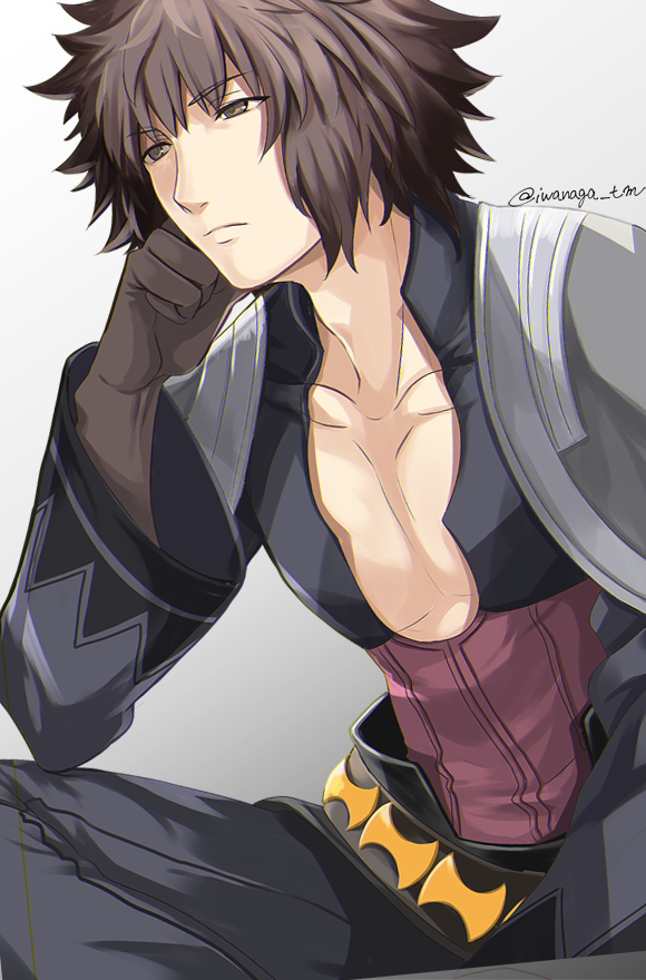 1boy, archimedes_(fate), artist_name, belt, brown_eyes, brown_hair, fate/extella, fate/extra, fate_(series), gloves, grey_background, iwanaga_tm, male_focus, simple_background, sitting, solo, upper_body