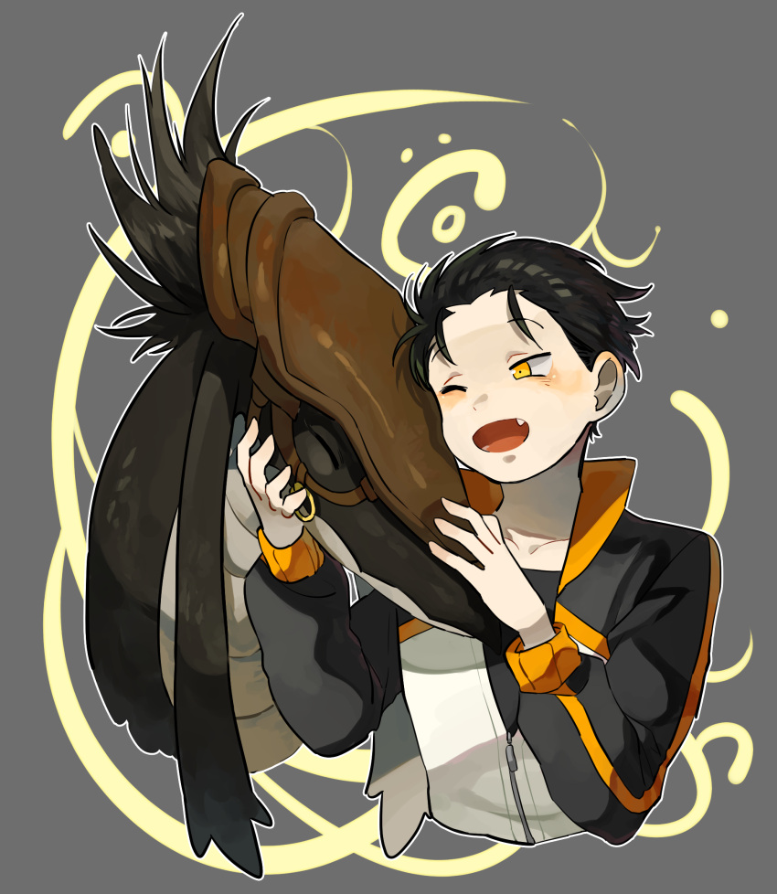 1boy, ;d, ^_^, bangsutur, black_background, black_hair, blush, character_request