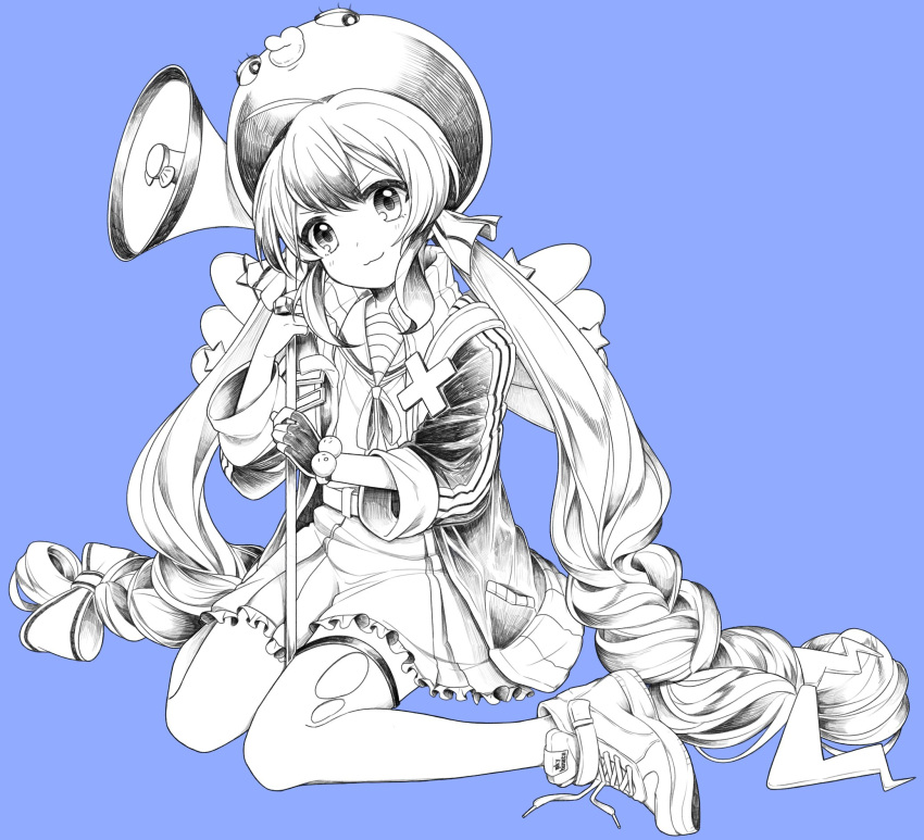 >:3, 1girl, :3, ahoge, animal_hat, artist_name, backpack, bag, belt, blue_background, blush, braid, closed_mouth, collared_dress, dress, eel_hat, eyelashes, fake_wings, fingerless_gloves, frilled_dress, frills, full_body, gloves, hair_ornament, hair_ribbon, hat, highres, hinata_(sky), holding, jacket, jewelry, kirai_kirai_jiga_hidai_(vocaloid), lightning_bolt_hair_ornament, long_hair, long_sleeves, looking_at_viewer, low_twintails, megaphone, mini_wings, monochrome, neck_ribbon, open_clothes, open_jacket, otomachi_una, pocket, ribbon, ring, sailor_collar, sailor_dress, shoelaces, shoes, sidelocks, simple_background, single_glove, sitting, sleeve_cuffs, smile, sneakers, solo, spot_color, star, tareme, thigh-highs, torn_clothes, torn_thighhighs, twin_braids, twintails, very_long_hair, vocaloid, wariza, winged_backpack, wings