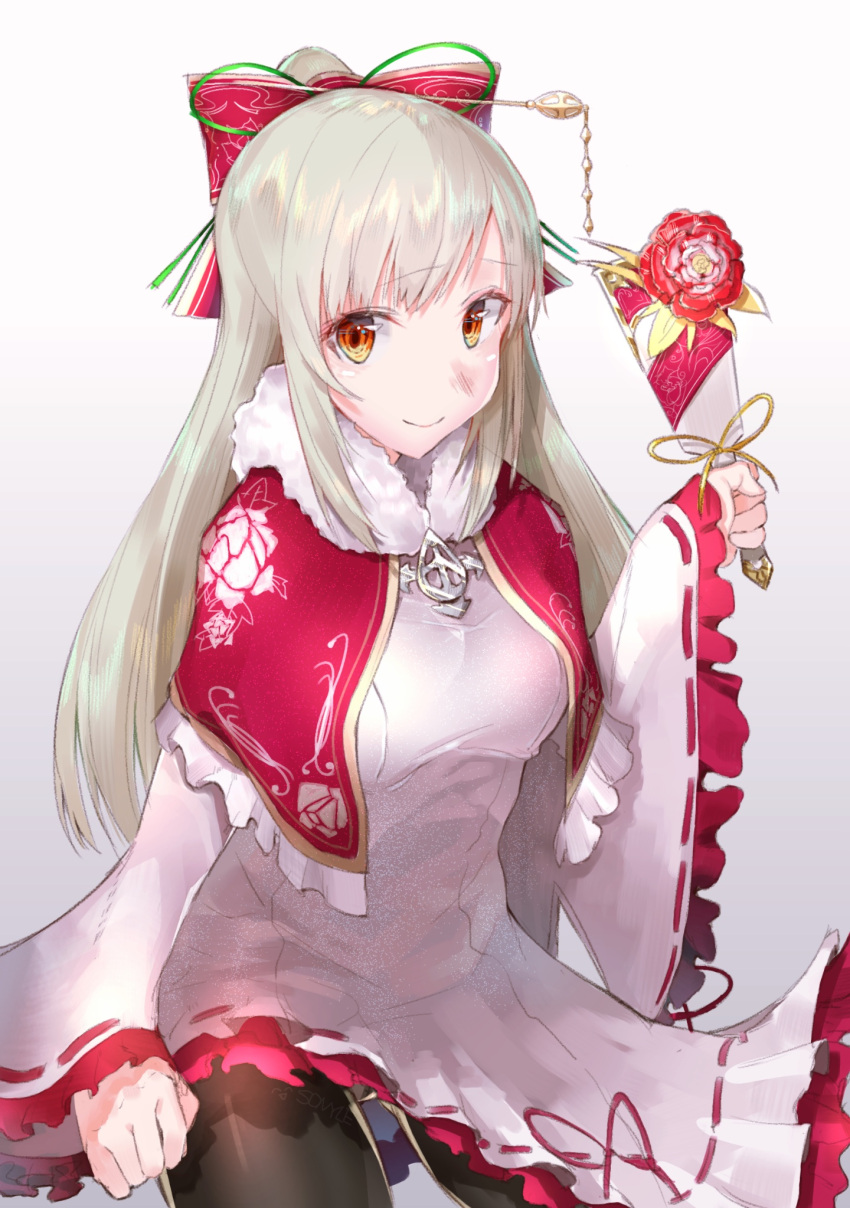 1girl, bangs, black_legwear, bow, capelet, cross, dress, frills